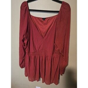 Torrid Womens Babydoll Blouse V-Neck Stretch Mesh Smocked Waist Red Size 4 NWOT
